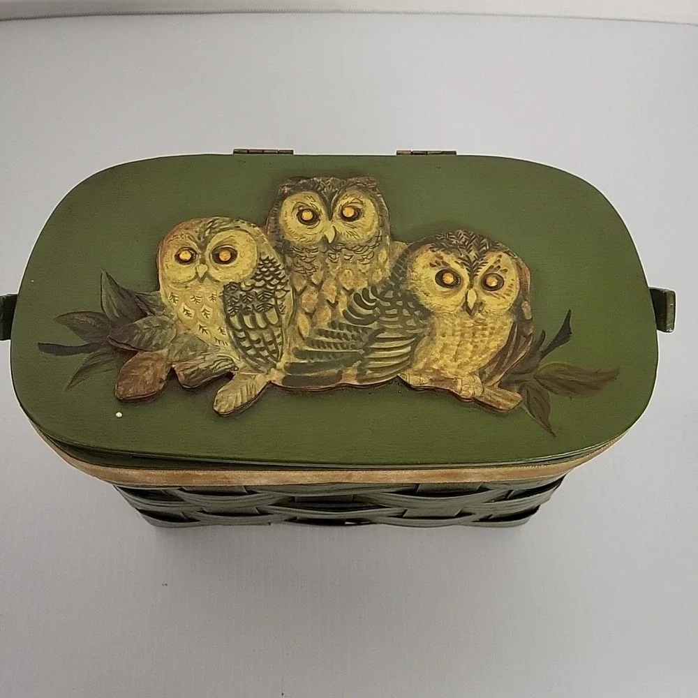 Three Owls Wooden Basket Lid Lined Vintage Purse Signed